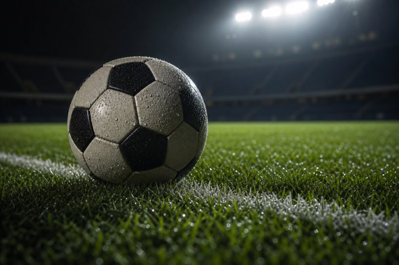 A football resting on dew-covered stadium grass beside a painted white line under floodlights