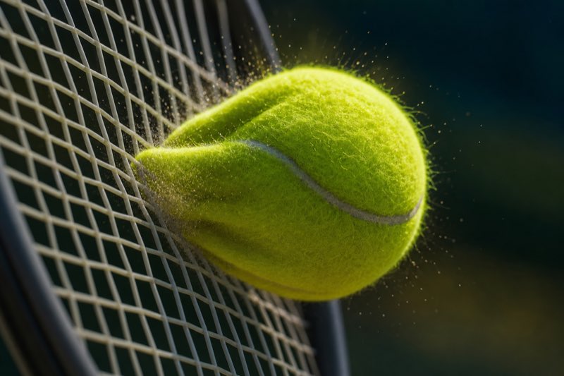 A tennis ball flattening against tight racquet strings at the moment of impact